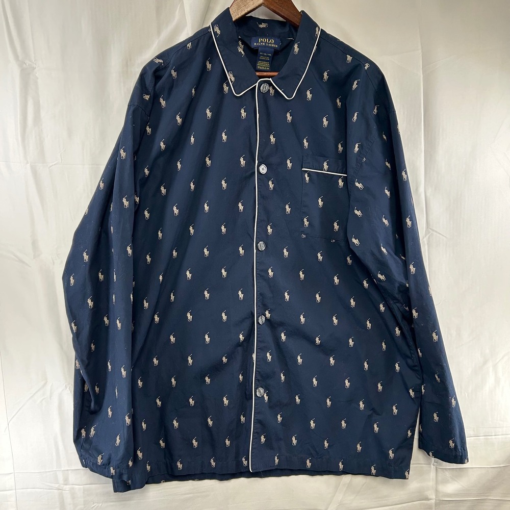 Polo Ralph Lauren Pajama Top Mens 1XL Tall Navy Blue Pony Print Button Up Shirt